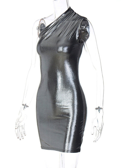 Metalic dresses- Metallic One Shoulder Bodycon Mini Dress- - Pekosa Women Clothing