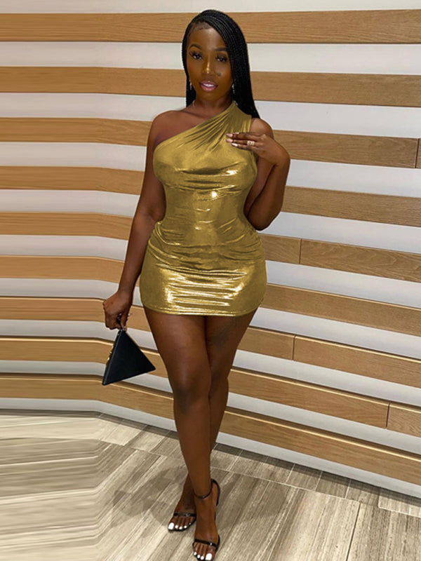 Metalic dresses- Metallic One Shoulder Bodycon Mini Dress- - Pekosa Women Clothing