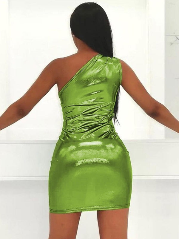Metalic dresses- Metallic One Shoulder Bodycon Mini Dress- - Pekosa Women Clothing