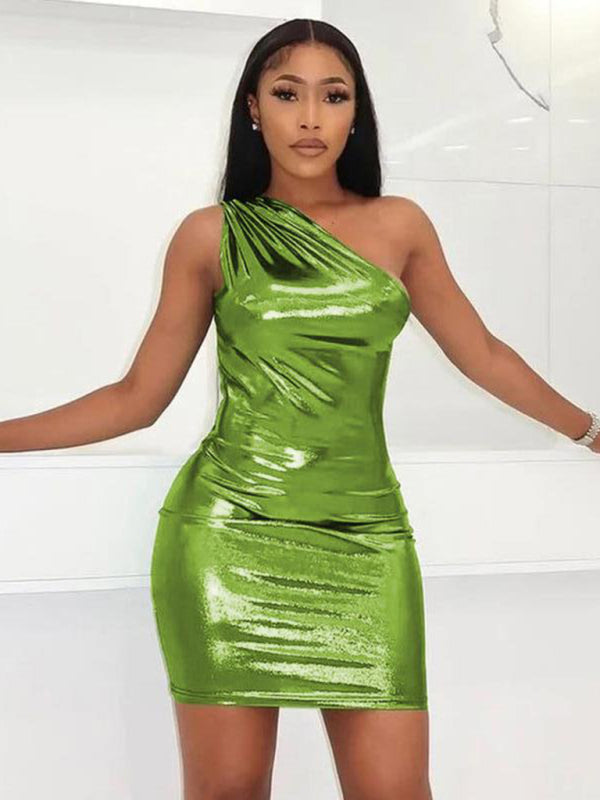 Metalic dresses- Metallic One Shoulder Bodycon Mini Dress- - Pekosa Women Clothing