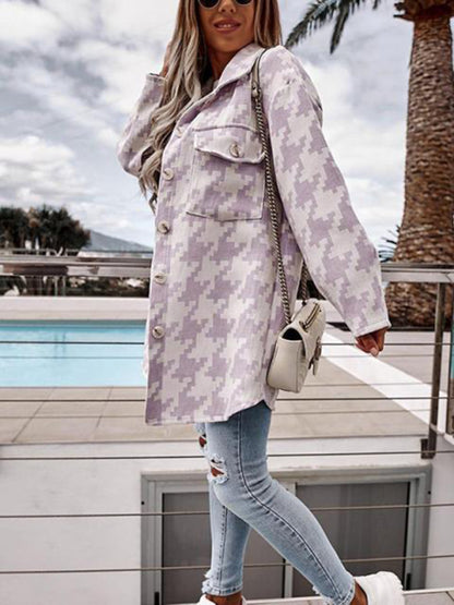 Mid Jackets- Houndstooth Wool Collared Mid-Length Jacket- Purple- Pekosa Women Clothing