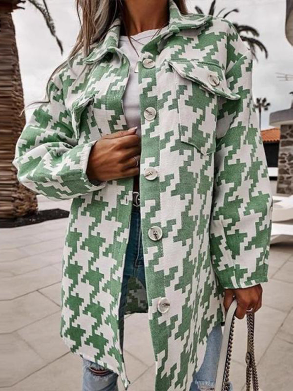 Mid Jackets- Houndstooth Wool Collared Mid-Length Jacket- - Pekosa Women Clothing