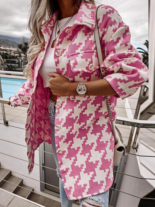 Mid Jackets- Houndstooth Wool Collared Mid-Length Jacket- Rose- Pekosa Women Clothing