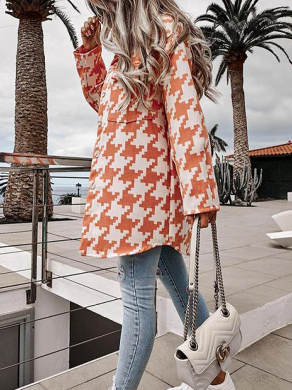 Mid Jackets- Houndstooth Wool Collared Mid-Length Jacket- Orange- Pekosa Women Clothing