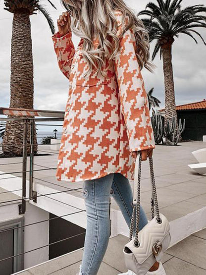 Mid Jackets- Houndstooth Wool Collared Mid-Length Jacket- Orange- Pekosa Women Clothing
