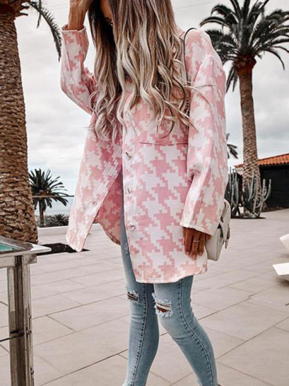 Mid Jackets- Houndstooth Wool Collared Mid-Length Jacket- Pink- Pekosa Women Clothing