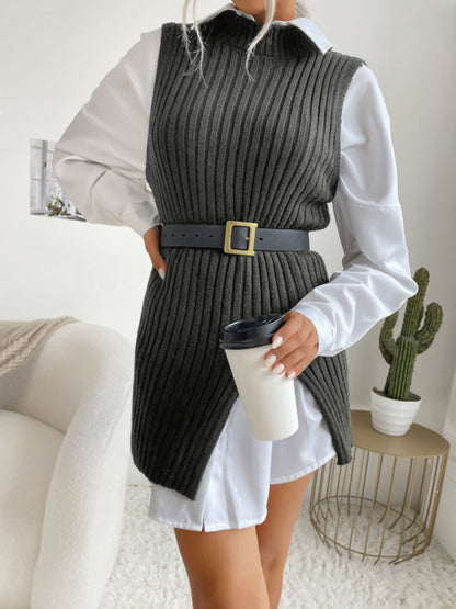 Mid-Length Vest- Rib-Knit Mock Neck Mid-Length Vest Slit Sweater- - Pekosa Women Clothing