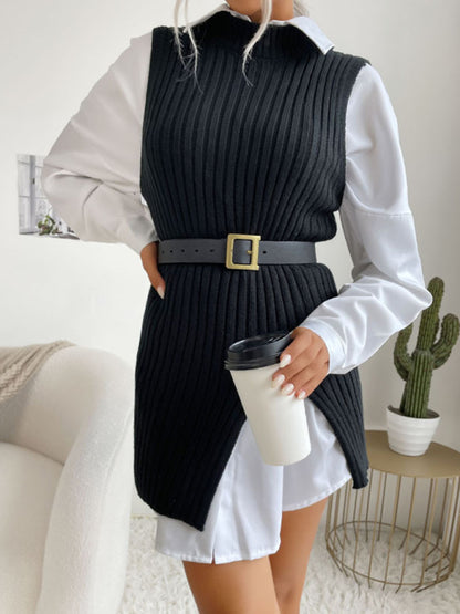 Mid-Length Vest- Rib-Knit Mock Neck Mid-Length Vest Slit Sweater- Black- Pekosa Women Clothing
