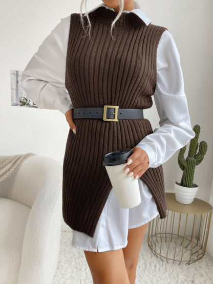 Mid-Length Vest- Rib-Knit Mock Neck Mid-Length Vest Slit Sweater- Coffee- Pekosa Women Clothing