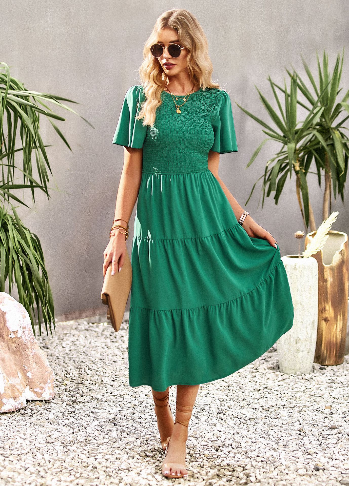 Midi Dress- Solid Smocked Waist Tiered Midi Dress- - Pekosa Women Clothing