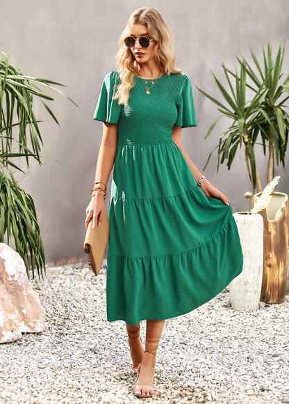 Midi Dress- Solid Smocked Waist Tiered Midi Dress- - Pekosa Women Clothing