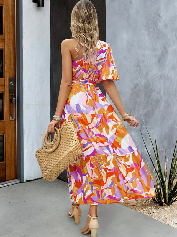 Midi Dress- Women's Asymmetrical Tiered Ruffle Dress with Belt & Lantern Sleeve- - Pekosa Women Clothing