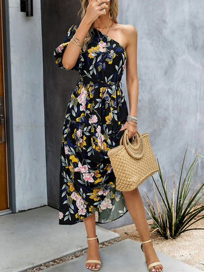 Midi Dress- Women's Asymmetrical Tiered Ruffle Dress with Belt & Lantern Sleeve- - Pekosa Women Clothing