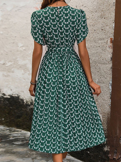 Midi Dresses- A-Line Belted Midi Dress In Green Print with Short Sleeves- - Pekosa Women Clothing