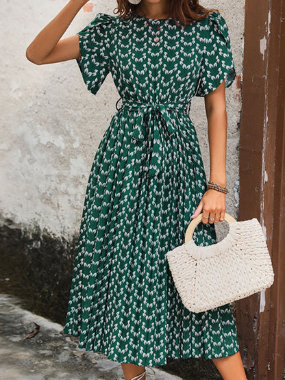 Midi Dresses- A-Line Belted Midi Dress In Green Print with Short Sleeves- - Pekosa Women Clothing
