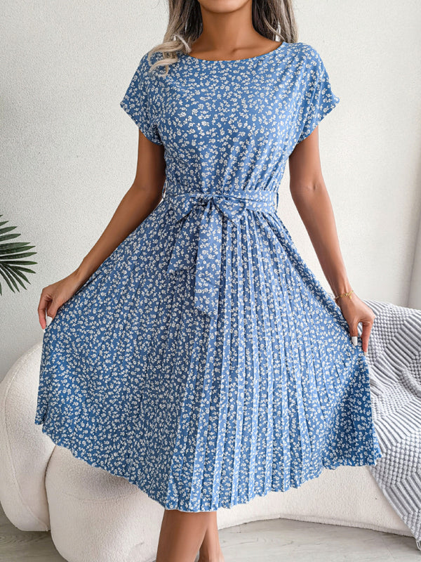 Midi Dresses- A-Line Floral Print Crewneck Midi Dress with Tie-Belt- Clear blue- Pekosa Women Clothing