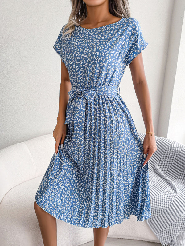 Midi Dresses- A-Line Floral Print Crewneck Midi Dress with Tie-Belt- - Pekosa Women Clothing