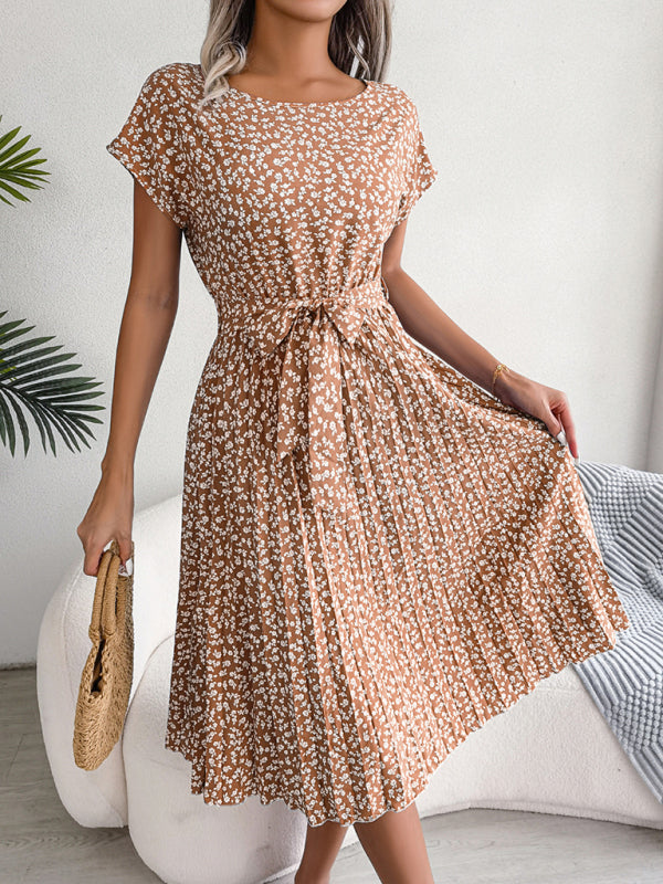 Midi Dresses- A-Line Floral Print Crewneck Midi Dress with Tie-Belt- - Pekosa Women Clothing