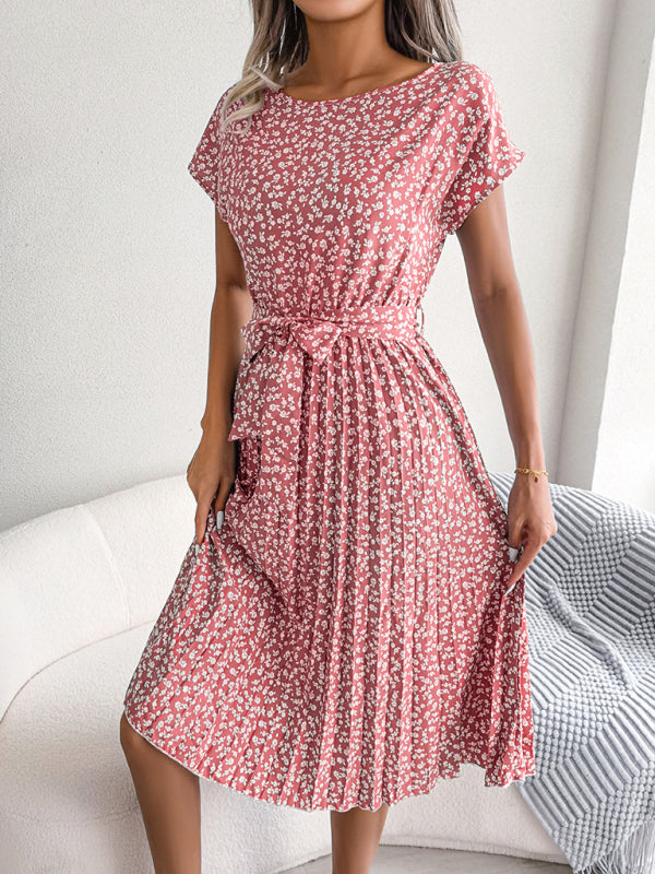 Midi Dresses- A-Line Floral Print Crewneck Midi Dress with Tie-Belt- - Pekosa Women Clothing