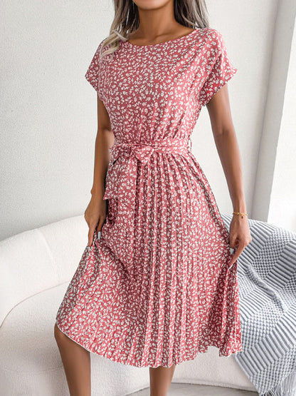 Midi Dresses- A-Line Floral Print Crewneck Midi Dress with Tie-Belt- - Pekosa Women Clothing