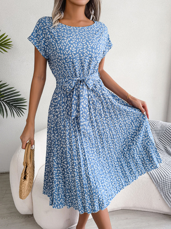 Midi Dresses- A-Line Floral Print Crewneck Midi Dress with Tie-Belt- - Pekosa Women Clothing