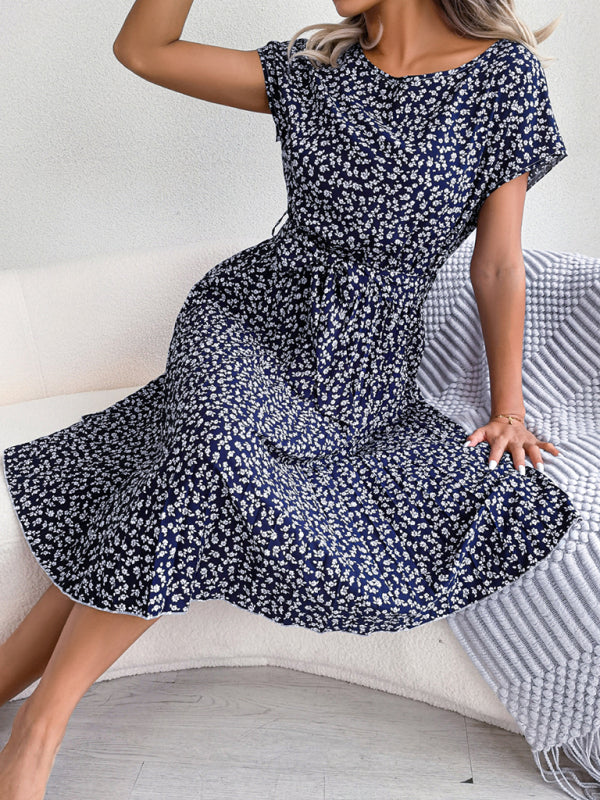 Midi Dresses- A-Line Floral Print Crewneck Midi Dress with Tie-Belt- - Pekosa Women Clothing