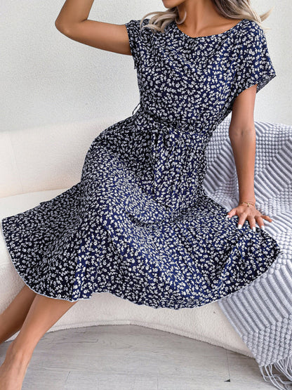 Midi Dresses- A-Line Floral Print Crewneck Midi Dress with Tie-Belt- - Pekosa Women Clothing