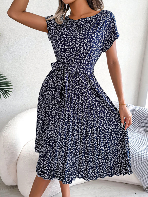 Midi Dresses- A-Line Floral Print Crewneck Midi Dress with Tie-Belt- - Pekosa Women Clothing