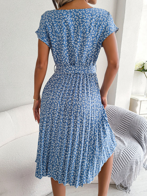 Midi Dresses- A-Line Floral Print Crewneck Midi Dress with Tie-Belt- - Pekosa Women Clothing