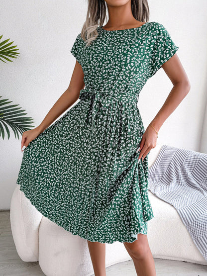 Midi Dresses- A-Line Floral Print Crewneck Midi Dress with Tie-Belt- - Pekosa Women Clothing