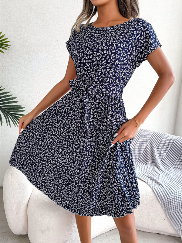 Midi Dresses- A-Line Floral Print Crewneck Midi Dress with Tie-Belt- - Pekosa Women Clothing