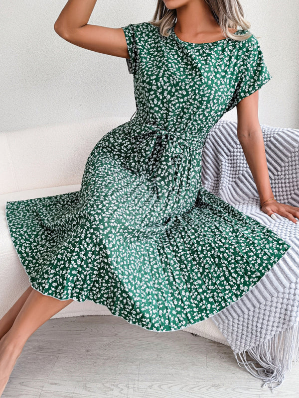 Midi Dresses- A-Line Floral Print Crewneck Midi Dress with Tie-Belt- - Pekosa Women Clothing