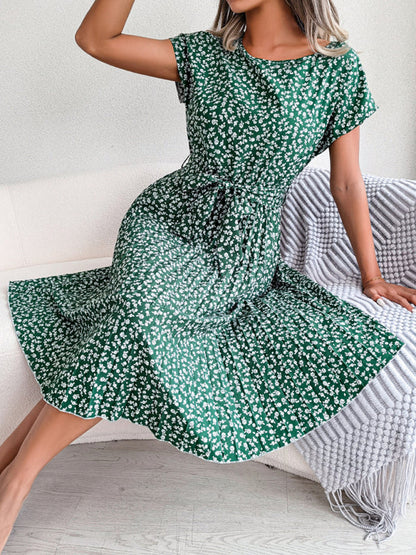 Midi Dresses- A-Line Floral Print Crewneck Midi Dress with Tie-Belt- - Pekosa Women Clothing