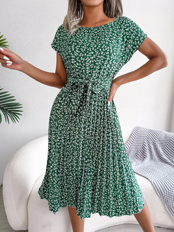 Midi Dresses- A-Line Floral Print Crewneck Midi Dress with Tie-Belt- - Pekosa Women Clothing