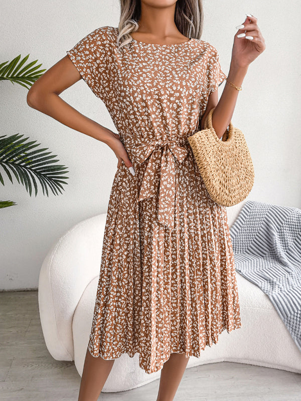 Midi Dresses- A-Line Floral Print Crewneck Midi Dress with Tie-Belt- - Pekosa Women Clothing