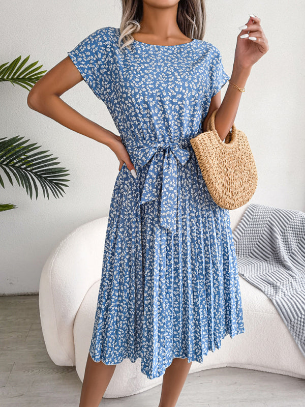 Midi Dresses- A-Line Floral Print Crewneck Midi Dress with Tie-Belt- - Pekosa Women Clothing