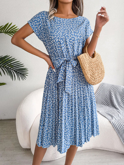Midi Dresses- A-Line Floral Print Crewneck Midi Dress with Tie-Belt- - Pekosa Women Clothing