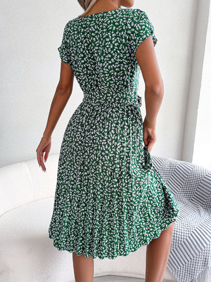 Midi Dresses- A-Line Floral Print Crewneck Midi Dress with Tie-Belt- - Pekosa Women Clothing