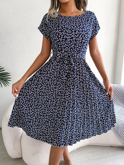 Midi Dresses- A-Line Floral Print Crewneck Midi Dress with Tie-Belt- Purplish blue navy- Pekosa Women Clothing
