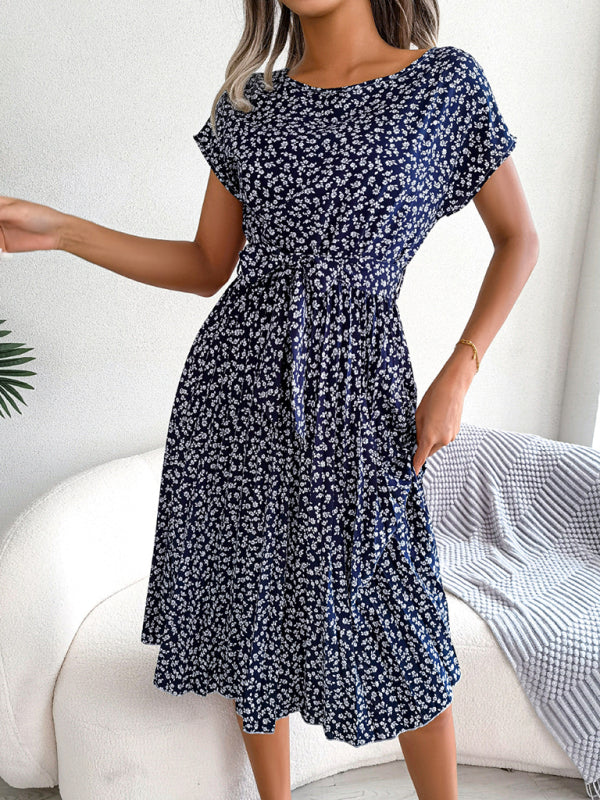 Midi Dresses- A-Line Floral Print Crewneck Midi Dress with Tie-Belt- - Pekosa Women Clothing