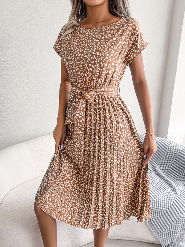 Midi Dresses- A-Line Floral Print Crewneck Midi Dress with Tie-Belt- - Pekosa Women Clothing