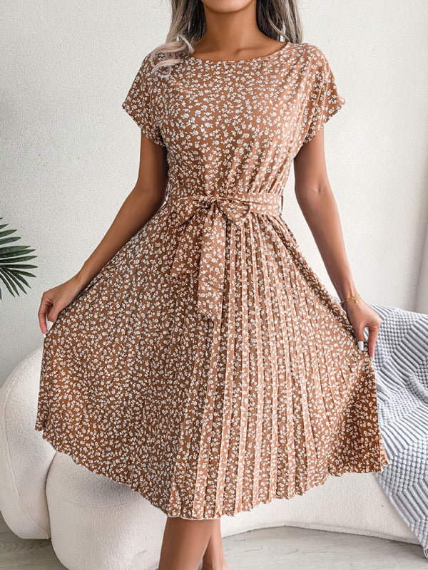Midi Dresses- A-Line Floral Print Crewneck Midi Dress with Tie-Belt- Coffee- Pekosa Women Clothing