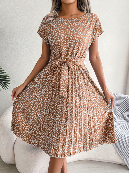 Midi Dresses- A-Line Floral Print Crewneck Midi Dress with Tie-Belt- Coffee- Pekosa Women Clothing