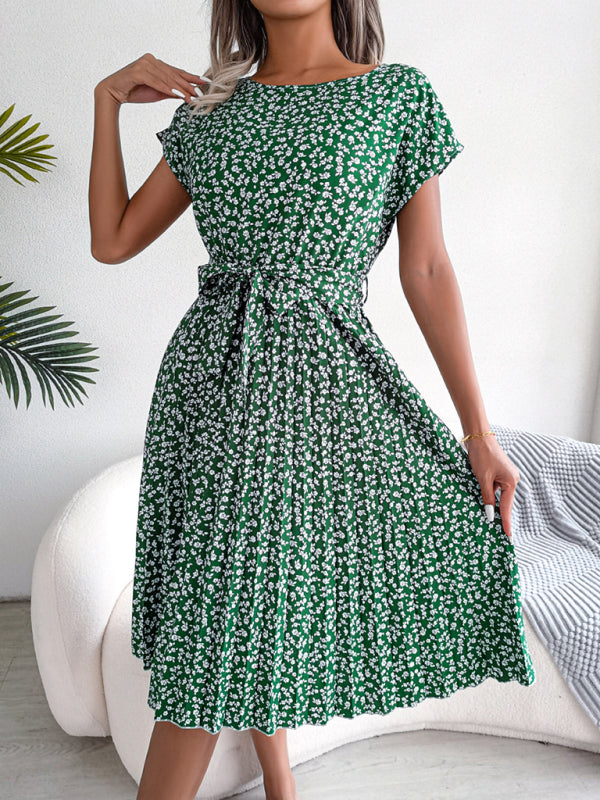 Midi Dresses- A-Line Floral Print Crewneck Midi Dress with Tie-Belt- Green- Pekosa Women Clothing