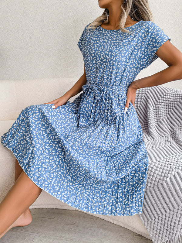 Midi Dresses- A-Line Floral Print Crewneck Midi Dress with Tie-Belt- - Pekosa Women Clothing