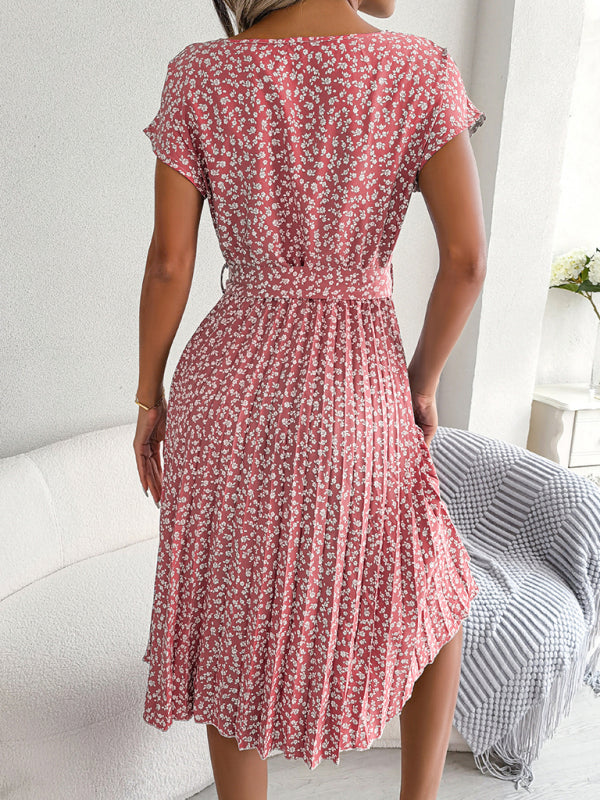 Midi Dresses- A-Line Floral Print Crewneck Midi Dress with Tie-Belt- - Pekosa Women Clothing