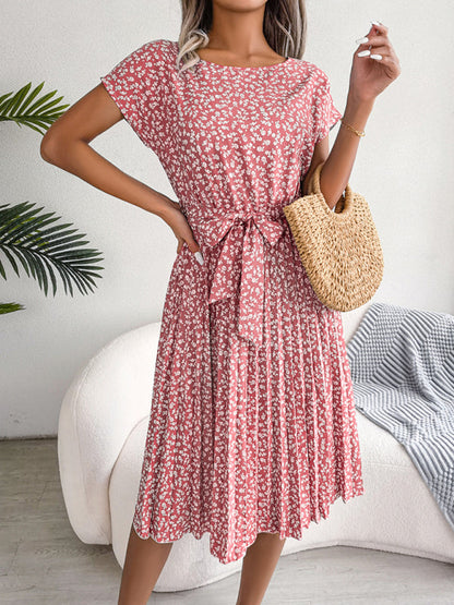 Midi Dresses- A-Line Floral Print Crewneck Midi Dress with Tie-Belt- - Pekosa Women Clothing