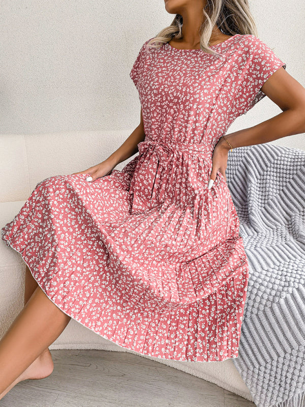 Midi Dresses- A-Line Floral Print Crewneck Midi Dress with Tie-Belt- - Pekosa Women Clothing