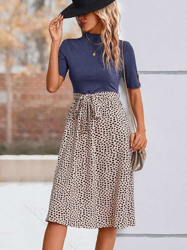 Midi Dresses- Animal Print Color Block Short Sleeves Midi Dress- - Pekosa Women Clothing