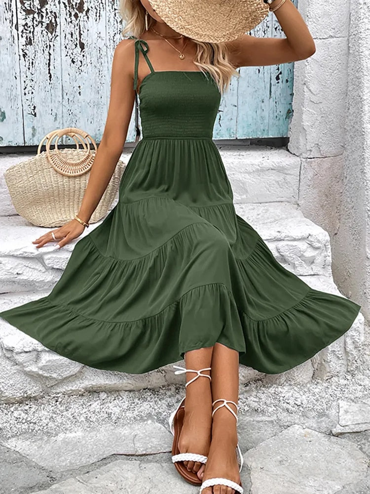 Midi Dresses- Casual Elegance: Shoulder-tie Tiered Cami Dress with Shirred Bodice- - Pekosa Women Clothing